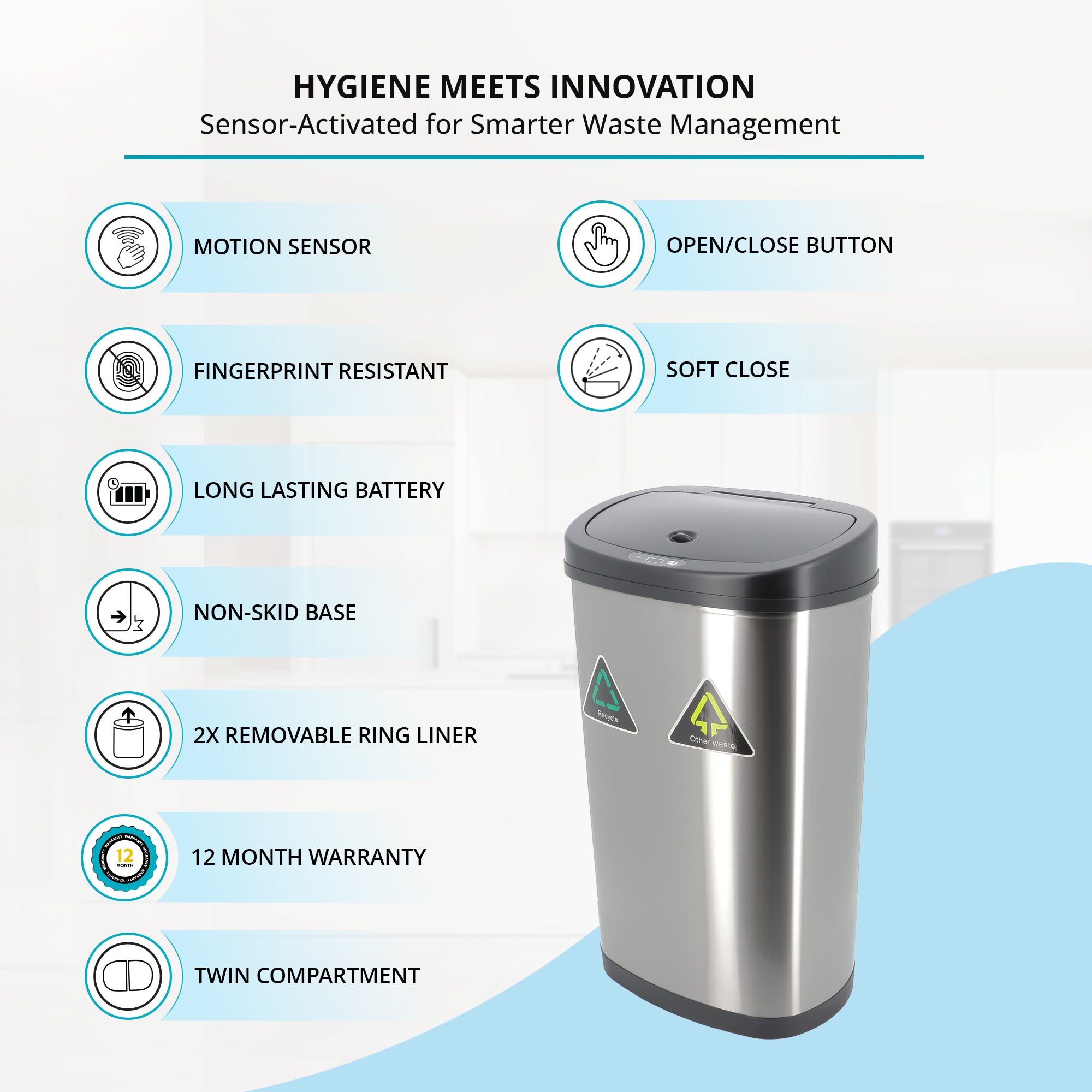 50-Litre Oval Plus Series Recycling Autobin – Dual-Compartment Motion Sensor Bin