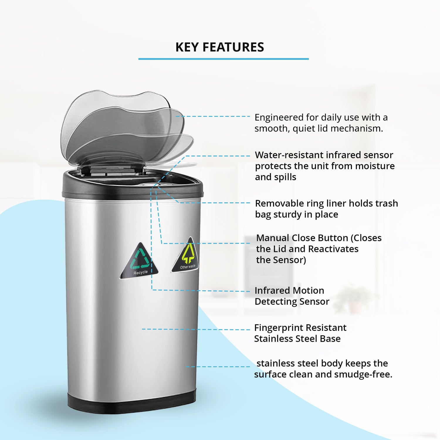 50-Litre Oval Plus Series Recycling Autobin – Dual-Compartment Motion Sensor Bin